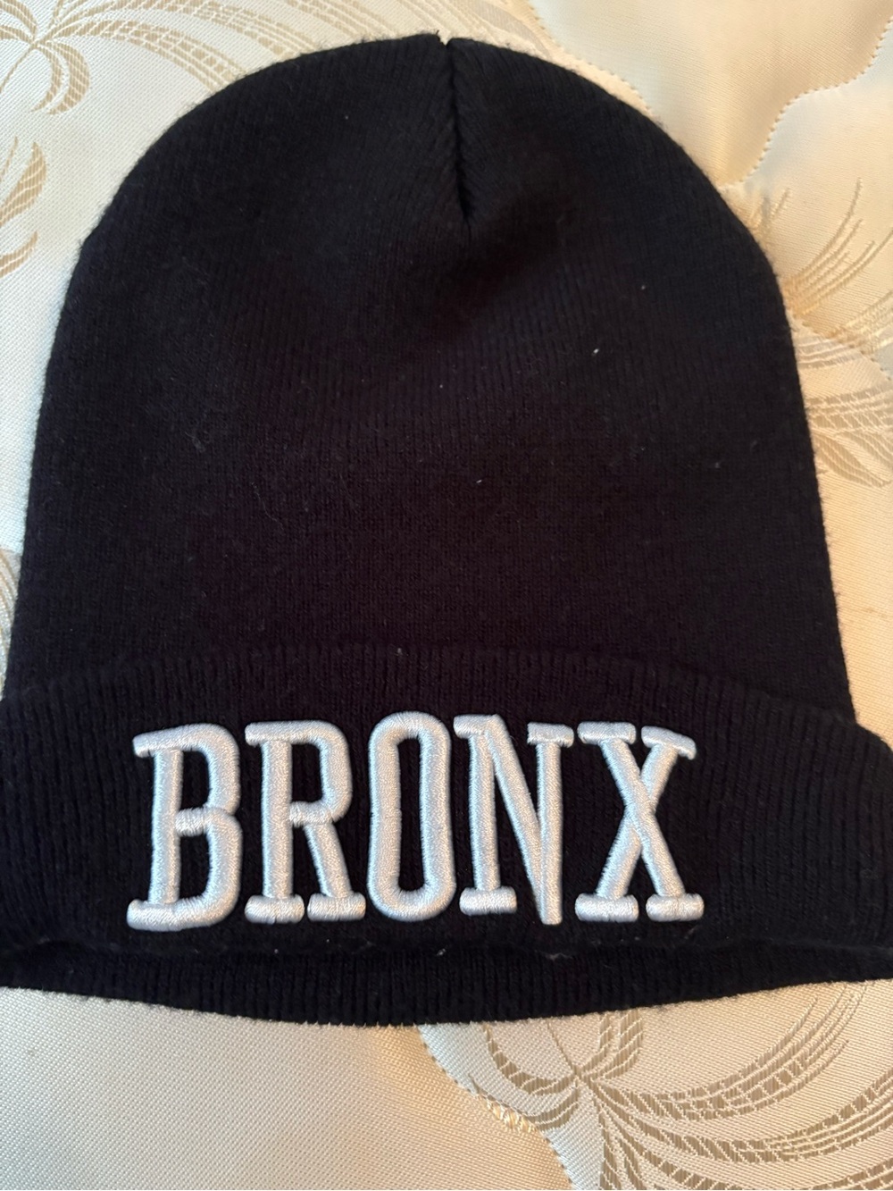 BRONX Embroidered Beanie Hat in Black and White